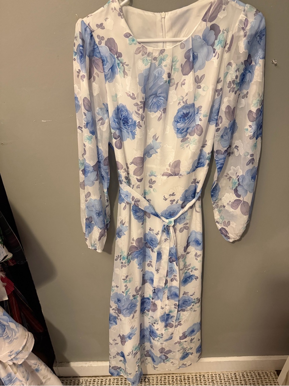 White Floral Midi Dress with Blue Roses